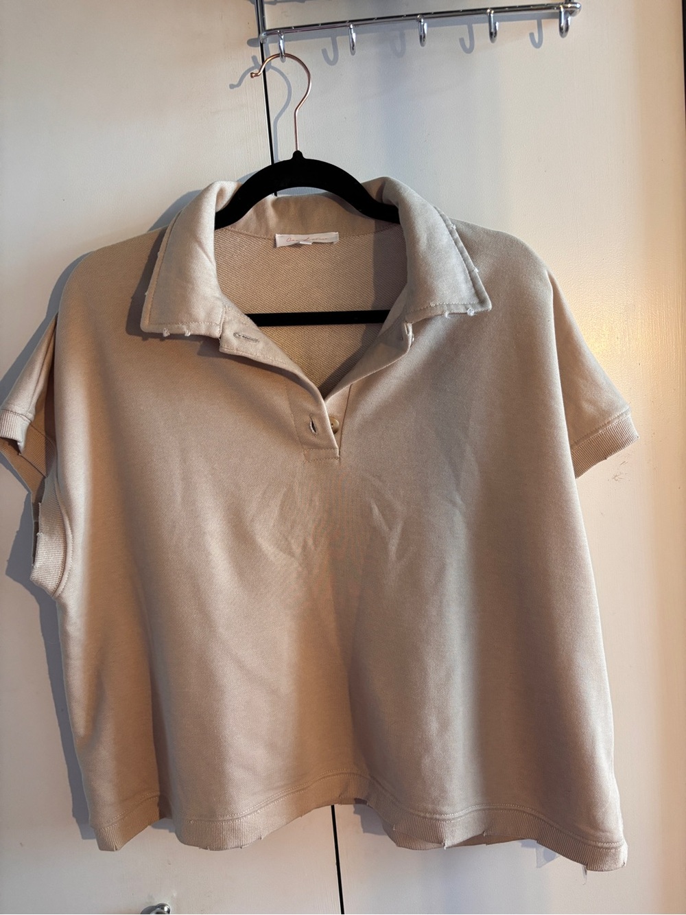 Ces Femme Distressed Oversized Crop Polo Top in Beige